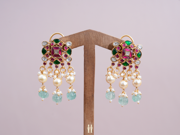 Multicolor Stone With Beaded Gold Plated Pure Silver Earrings