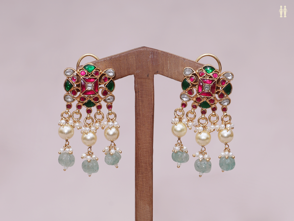 Multicolor Stone With Beaded Gold Plated Pure Silver Earrings