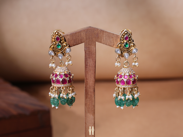 Multicolor Stone With Beaded Gold Plated Pure Silver Jhumkas