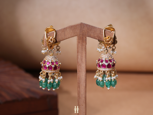 Multicolor Stone With Beaded Gold Plated Pure Silver Jhumkas
