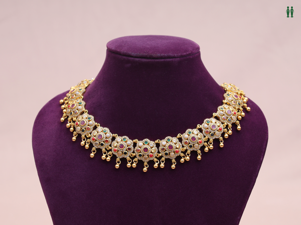 Multicolor Stone With Beaded Gold Plated Pure Silver Necklace