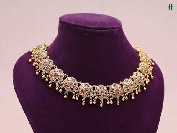 Multicolor Stone With Beaded Gold Plated Pure Silver Necklace
