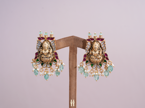 Multicolor Stone With Beaded Gold Plated Silver Earrings