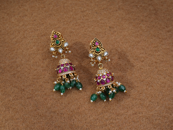 Multicolor Stone With Beads Gold Plated Silver Jhumkas