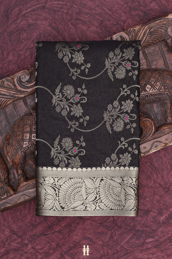 Mysore Silk Saree In Black With Floral Design