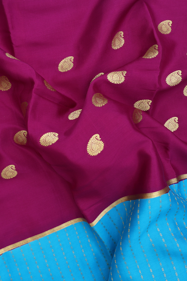 Mysore Silk Saree In Blue And Purple With Paisley Buttas