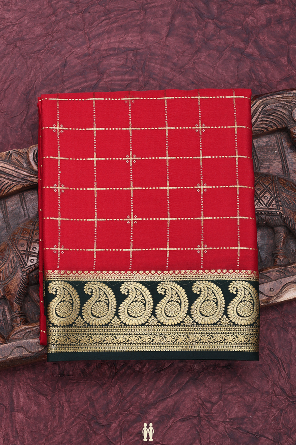 Mysore Silk Saree In Chilli Red With Checks Design