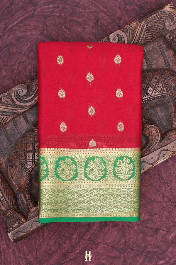 Mysore Silk Saree In Chilli Red With Zari Buttas