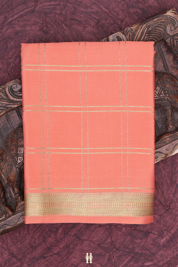 Mysore Silk Saree In Coral Orange With Checks Design