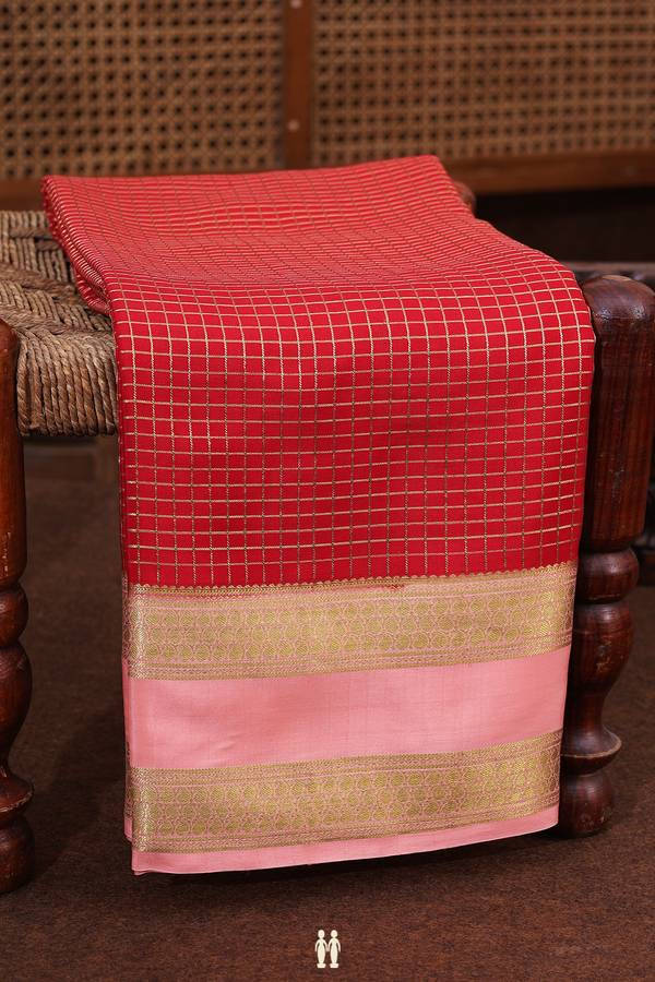 Mysore Silk Saree In Crimson Red With Checks Design