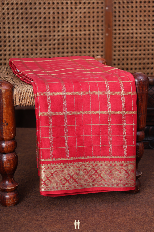 Mysore Silk Saree In Crimson Red With Checks Design