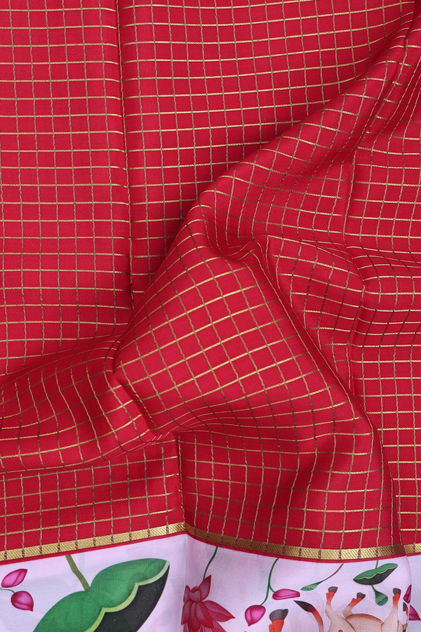 Mysore Silk Saree In Crimson Red With Checks Design