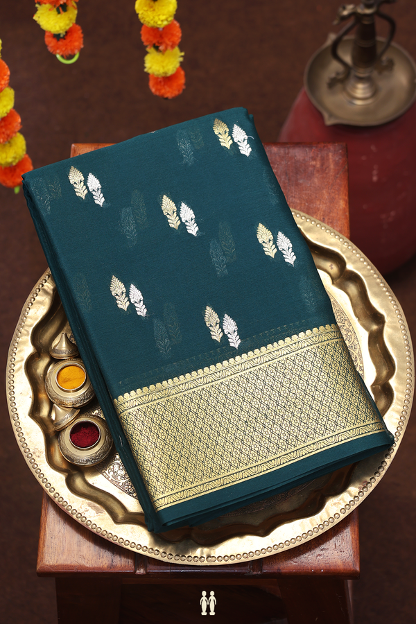 Mysore Silk Saree In Dark Green With Zari Buttas