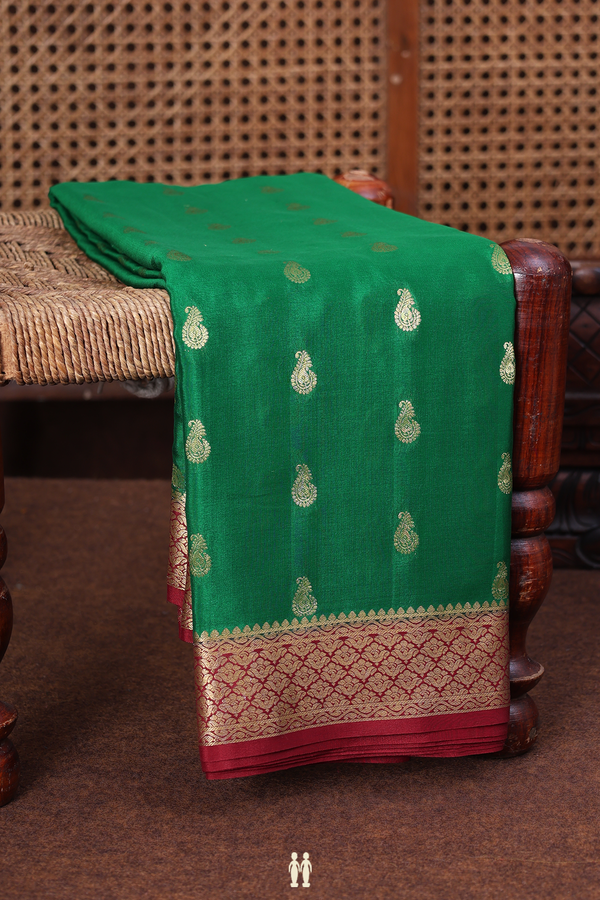 Mysore Silk Saree In Emerald Green With Paisley Buttas