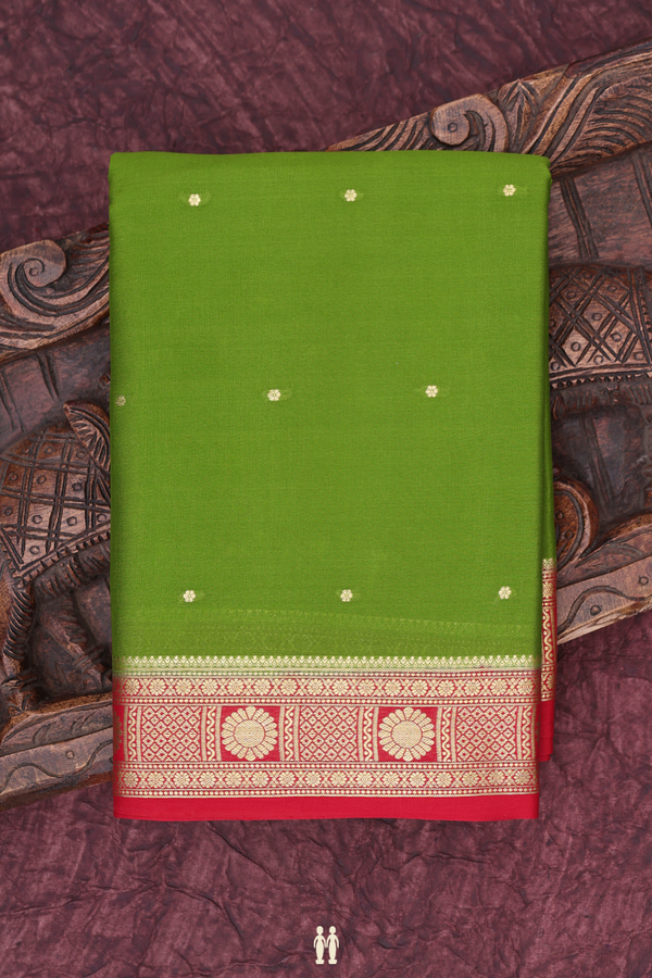 Mysore Silk Saree In Parrot Green With Zari Buttis