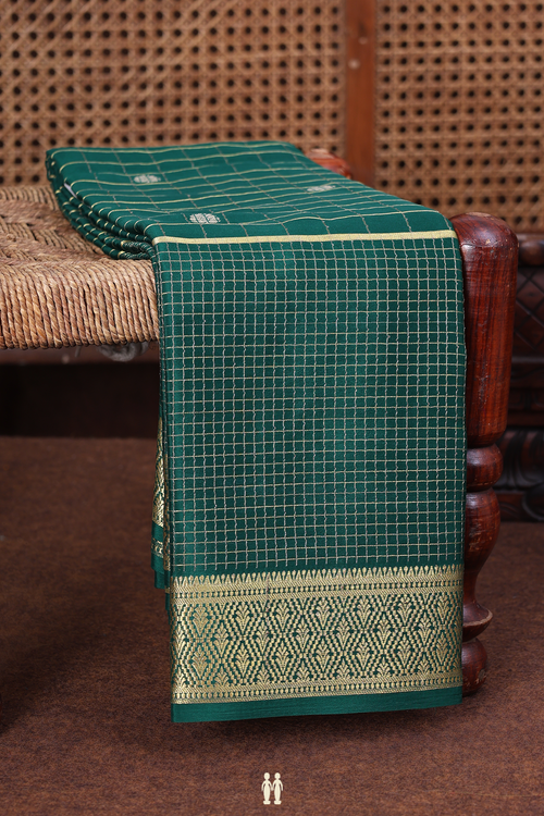 Mysore Silk Saree In Forest Green With Checks Design