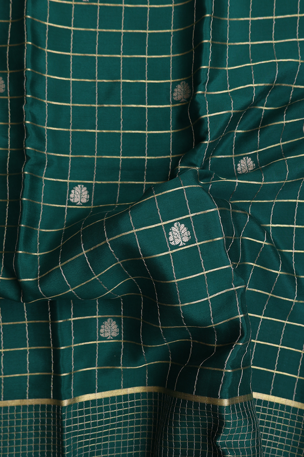 Mysore Silk Saree In Forest Green With Checks Design