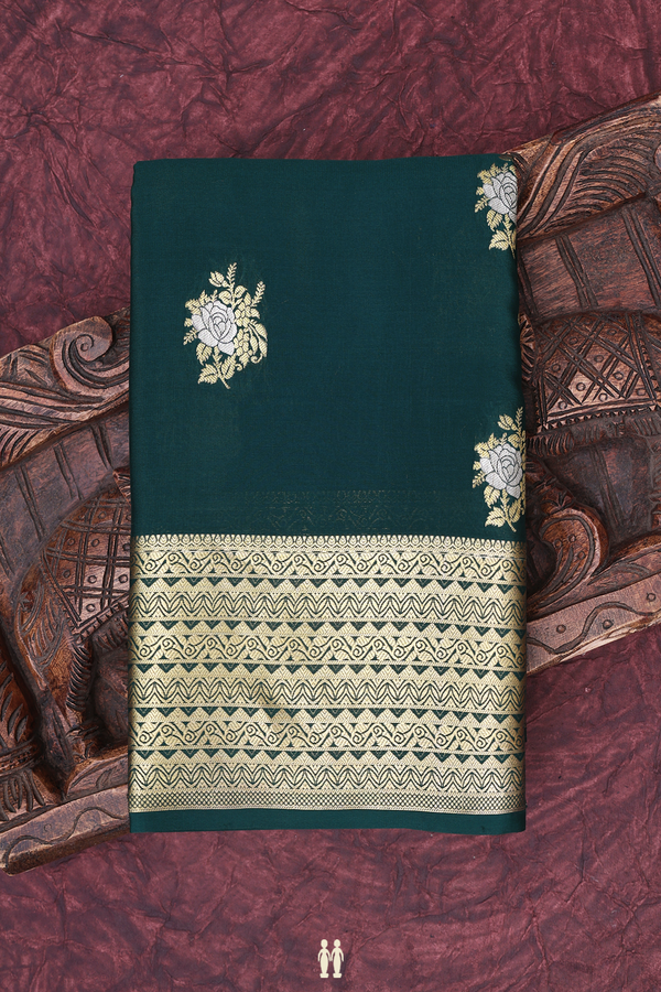 Mysore Silk Saree In Forest Green With Floral Buttas