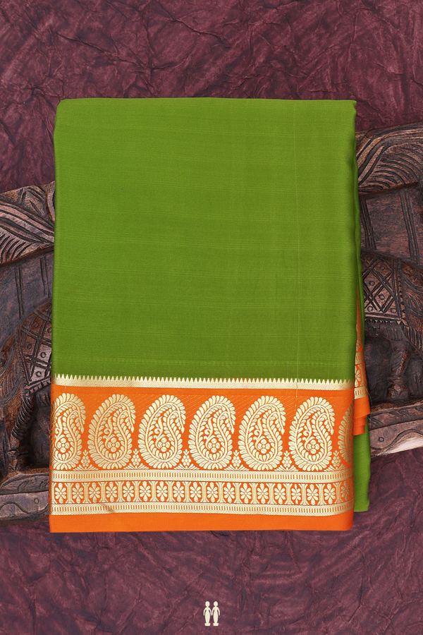 Mysore Silk Saree In Plain Green With Paisley Border