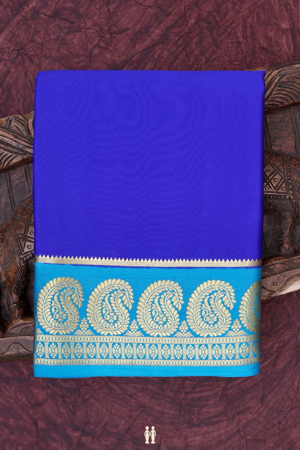 Mysore Silk Saree In Plain Indigo Blue With Paisley Border