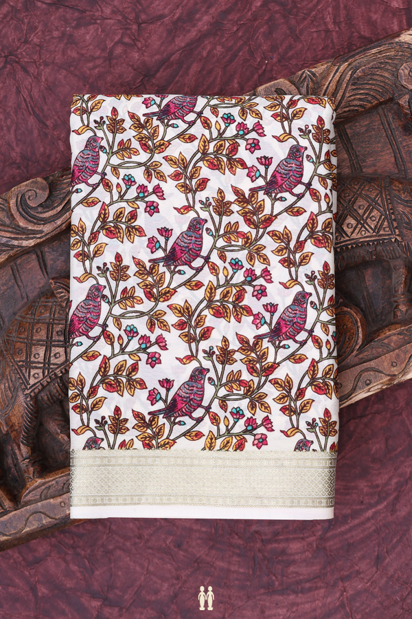 Mysore Silk Saree In Ivory With Birds Printed Design