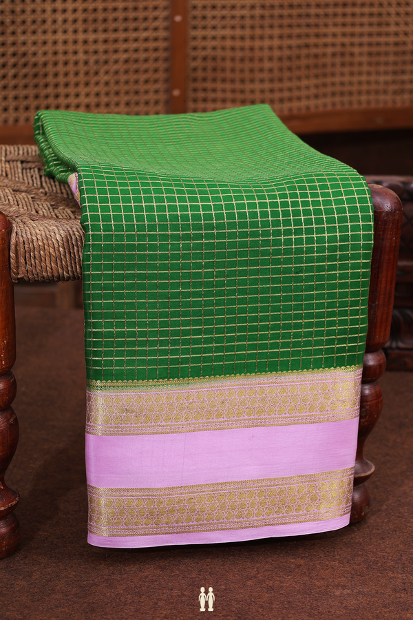 Mysore Silk Saree In Leaf Green With Checks Design