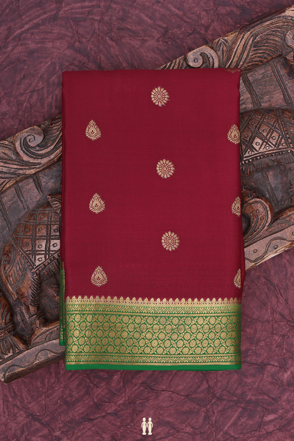 Mysore Silk Saree In Maroon With Zari Buttas