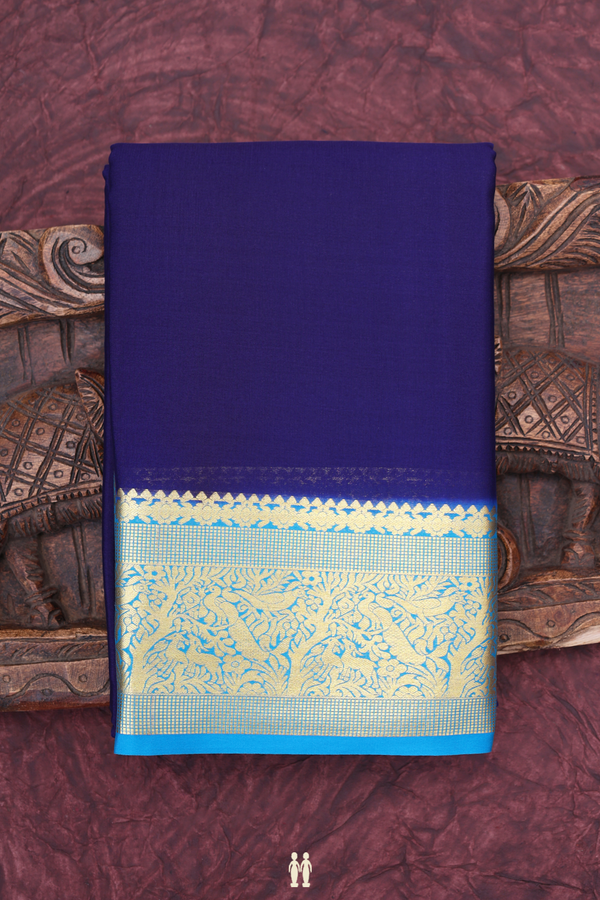 Mysore Silk Saree In Navy Blue With Peacock Border