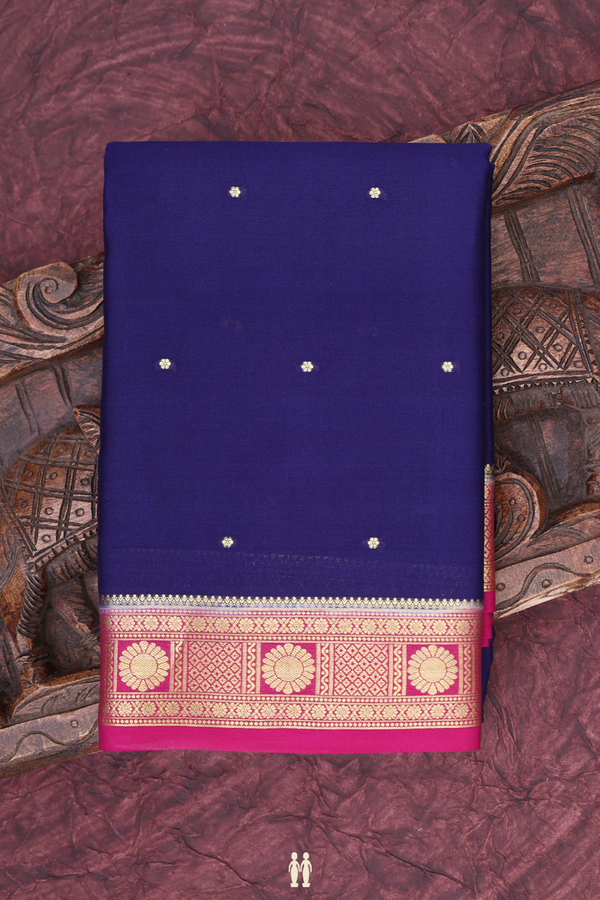 Mysore Silk Saree In Navy Blue With Zari Buttis