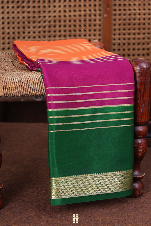 Mysore Silk Saree In Orange And Purple With Stripes Design