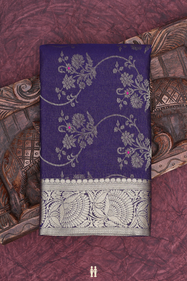Mysore Silk Saree In Oxford Blue With Floral Design