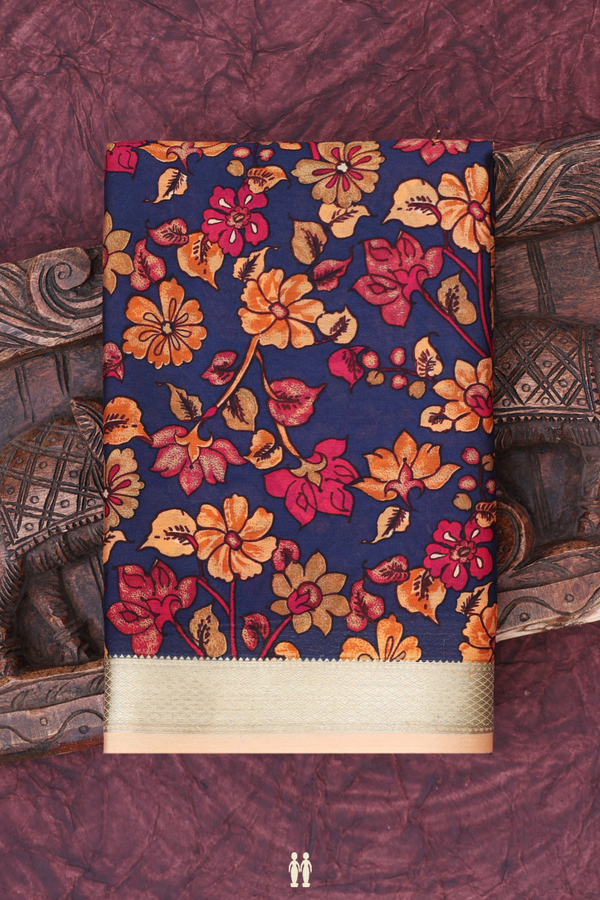 Mysore Silk Saree In Oxford Blue With Floral Printed Design