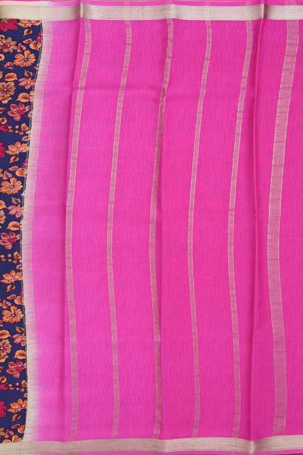 Mysore Silk Saree In Oxford Blue With Floral Printed Design