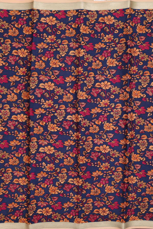 Mysore Silk Saree In Oxford Blue With Floral Printed Design