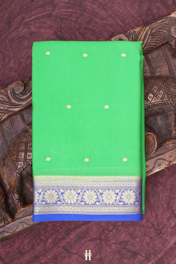 Mysore Silk Saree In Parrot Green With Zari Buttis