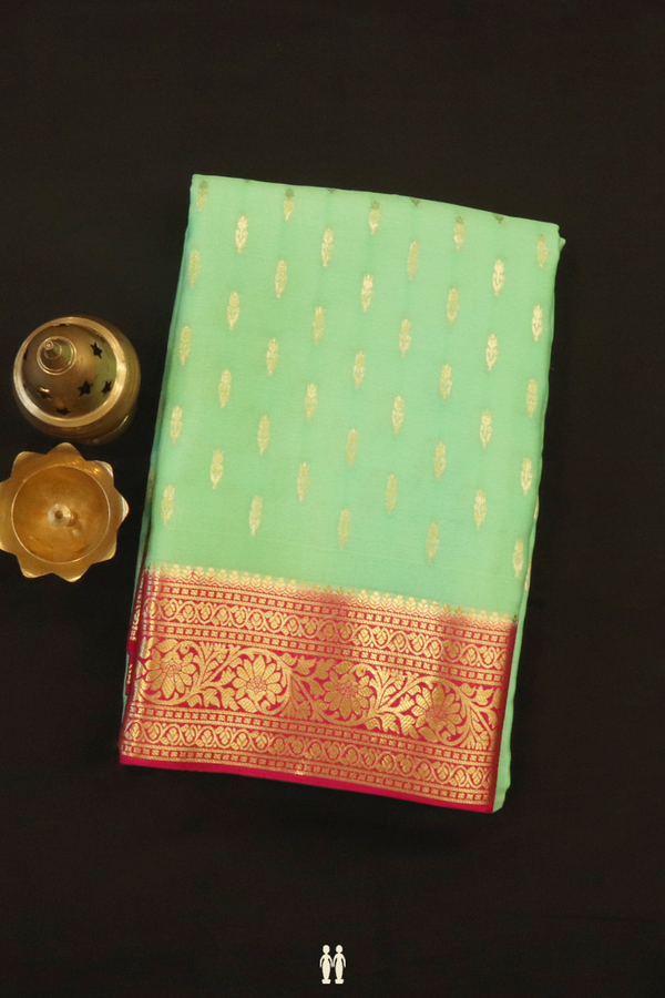Mysore Silk Saree In Pastel Green With Floral Buttas