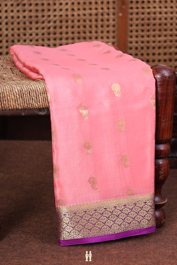 Mysore Silk Saree In Peach Pink With Zari Buttas