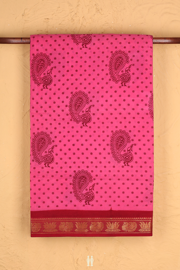 Sungudi Cotton Saree In Pink With Peacock Design