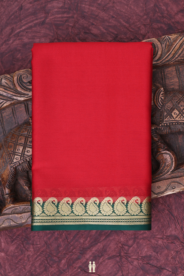 Mysore Silk Saree In Plain Crimson Red With Paisley Border