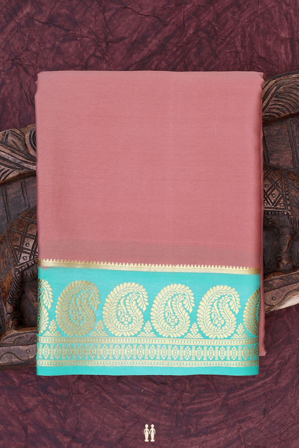 Mysore Silk Saree In Plain Dusty Pink With Paisley Border