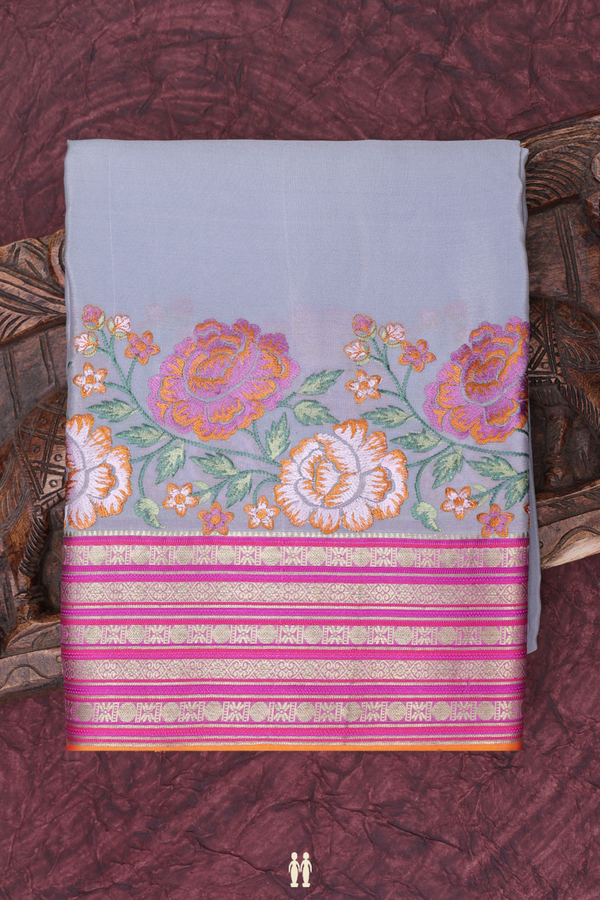 Mysore Silk Saree In Plain Grey With Floral Border