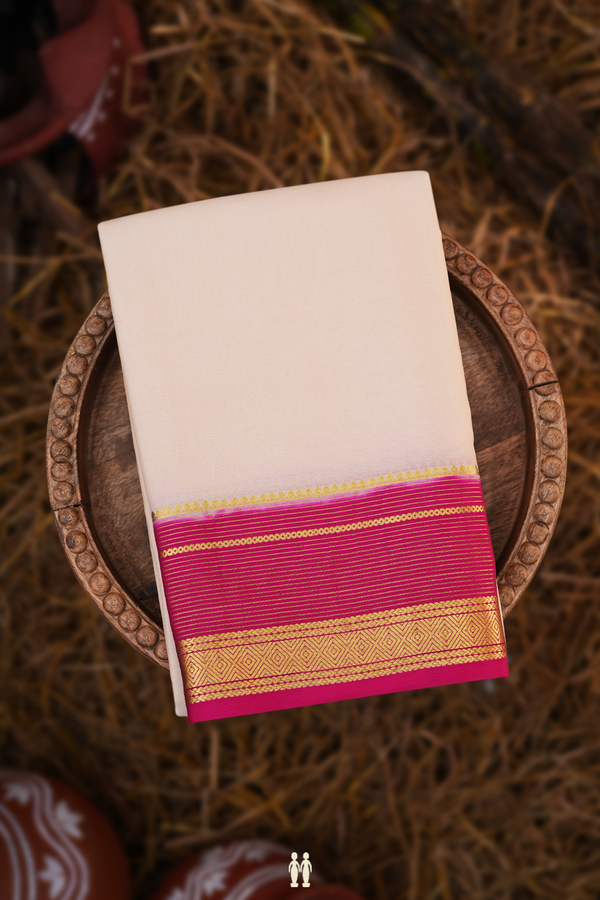 Mysore Silk Saree In Plain Ivory With Contrast Border