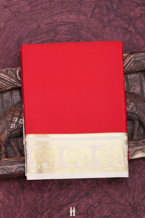Mysore Silk Saree In Plain Scarlet Red With Elephant Border
