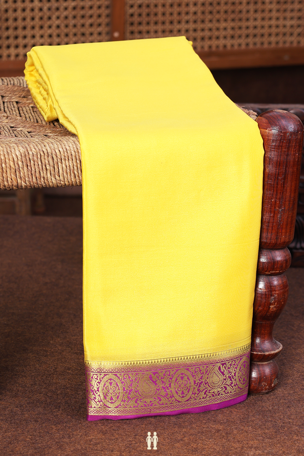Mysore Silk Saree In Plain Yellow With Contrast Border