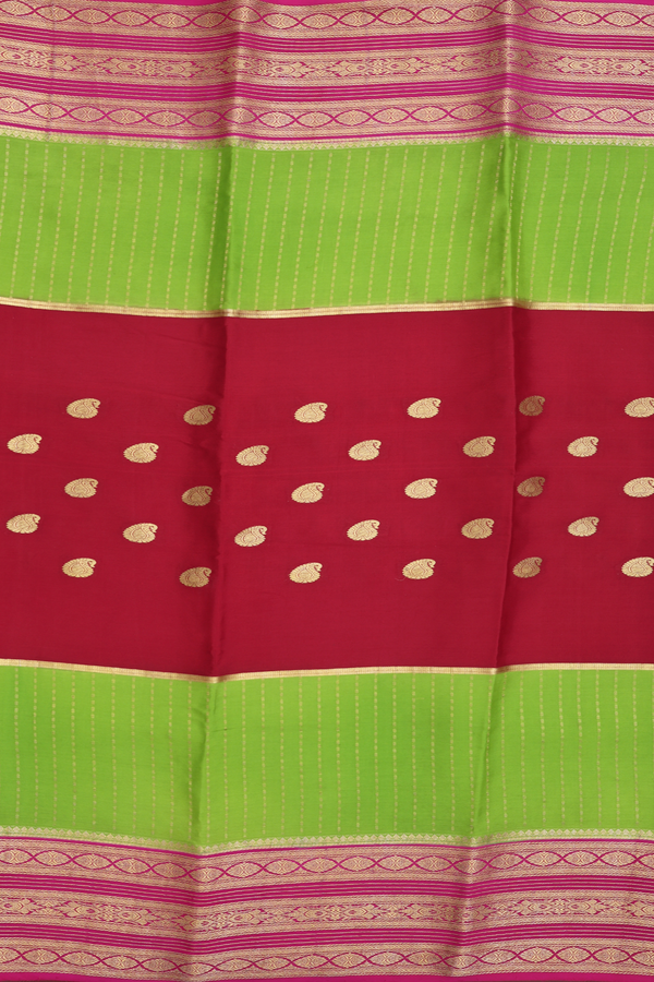 Mysore Silk Saree In Red And Green With Paisley Buttas