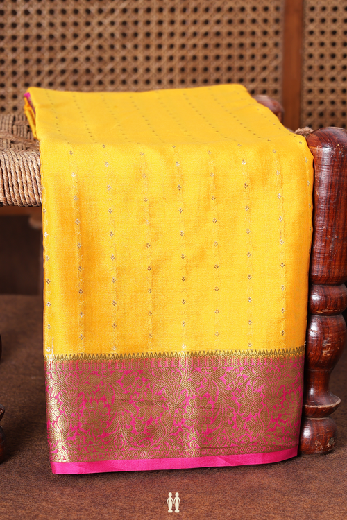 Mysore Silk Saree In Saffron Yellow With Stripes Design