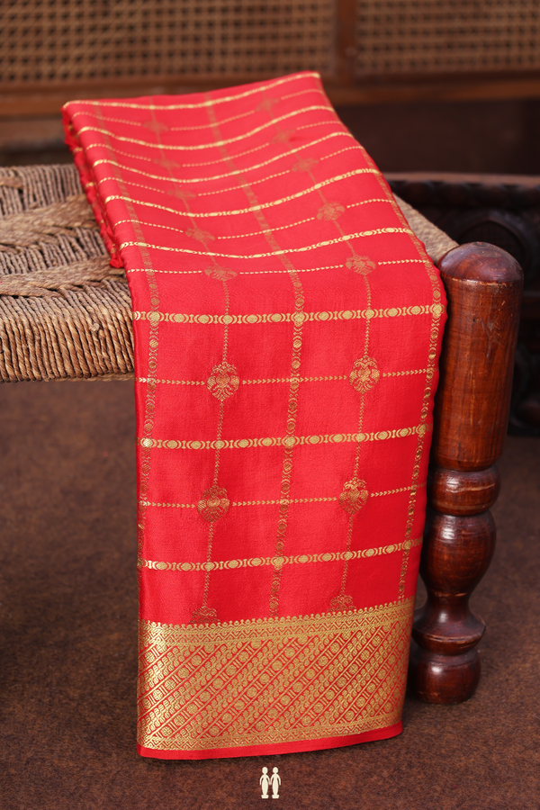 Mysore Silk Saree In Scarlet Red With Checks Design