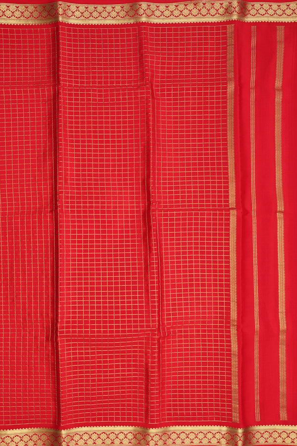 Mysore Silk Saree In Scarlet Red With Checks Design