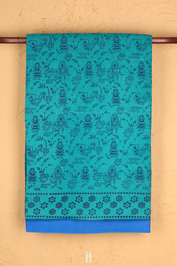 Sungudi Cotton Saree In Teal Green With Printed Design