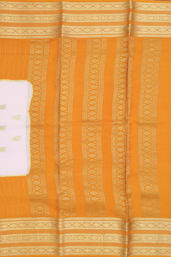 Mysore Silk Saree In White And Mustard With Paisley Buttas